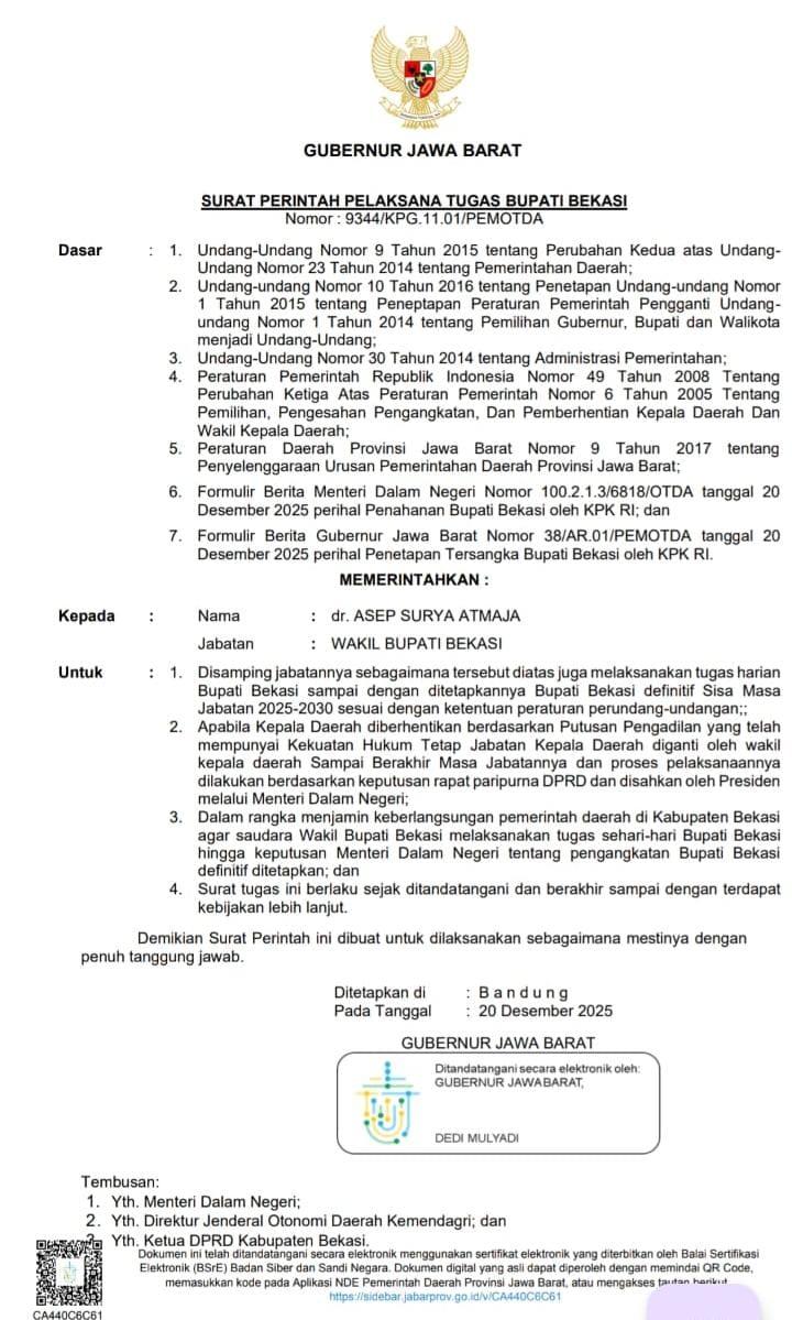 Gubernur Jabar Terbitkan Surat Perintah, Asep Surya Atmaja Resmi Jabat Plt Bupati Bekasi